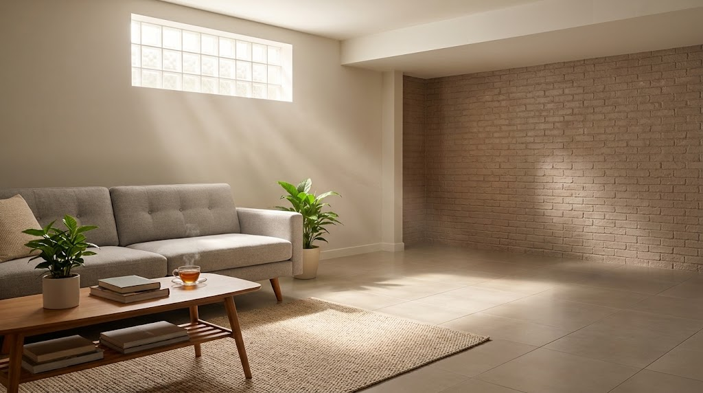 A bright, realistic home interior with a dehumidifier operating in a moisture-prone room..
