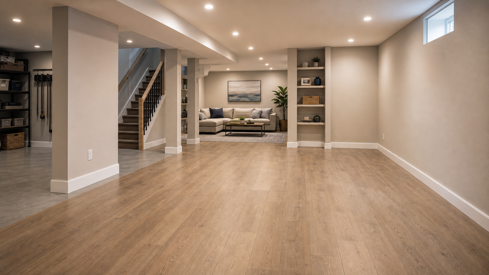 Mid-size basement dehumidifier coverage scene