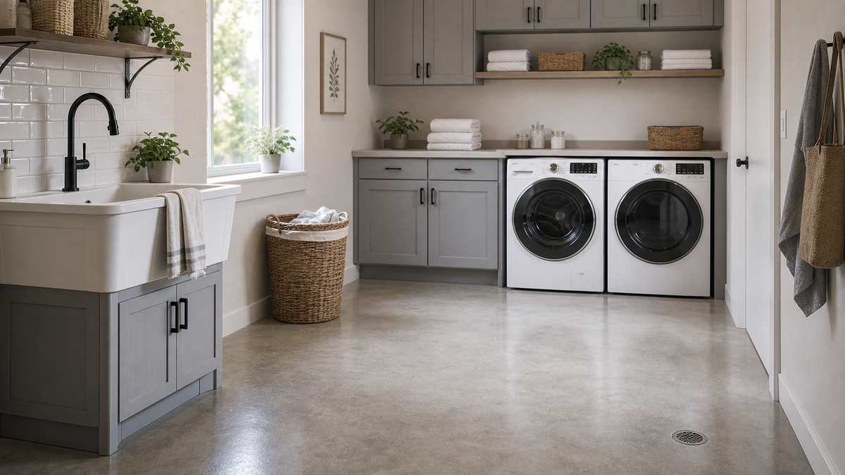 Continuous drainage dehumidifier in laundry room