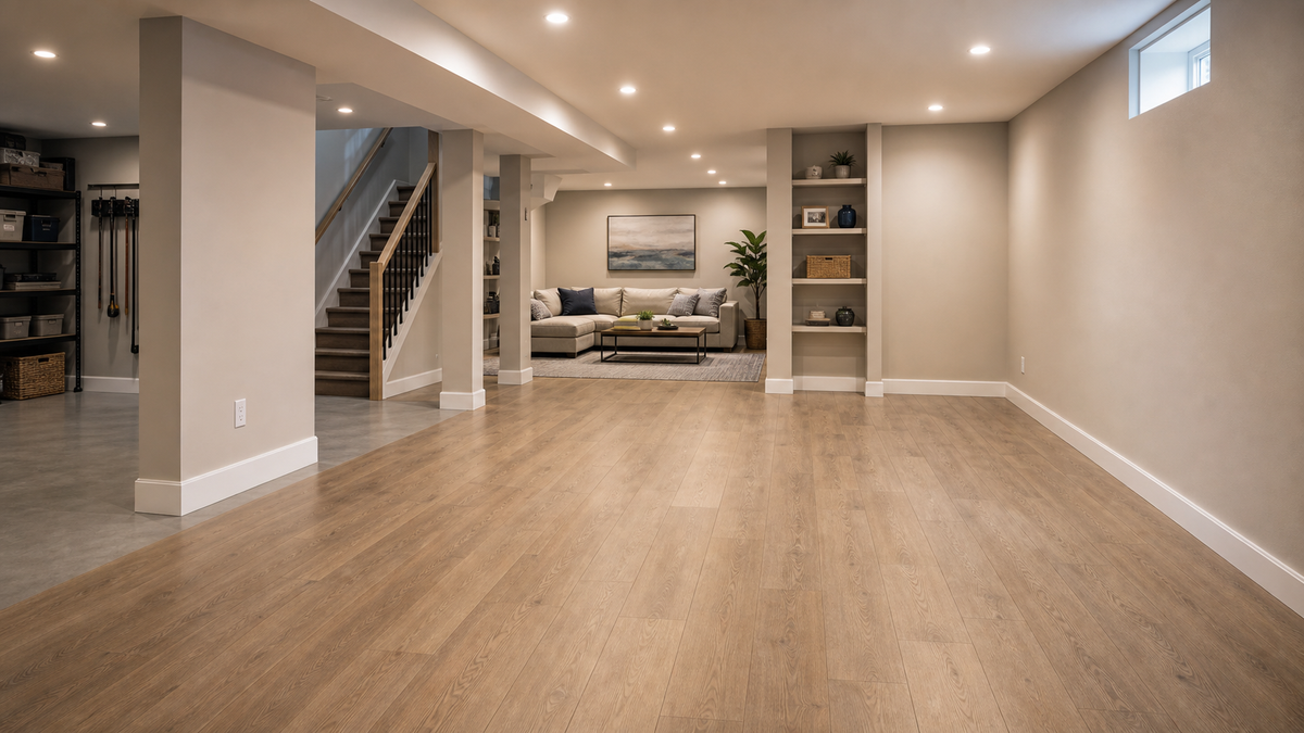 Mid-size basement dehumidifier coverage scene