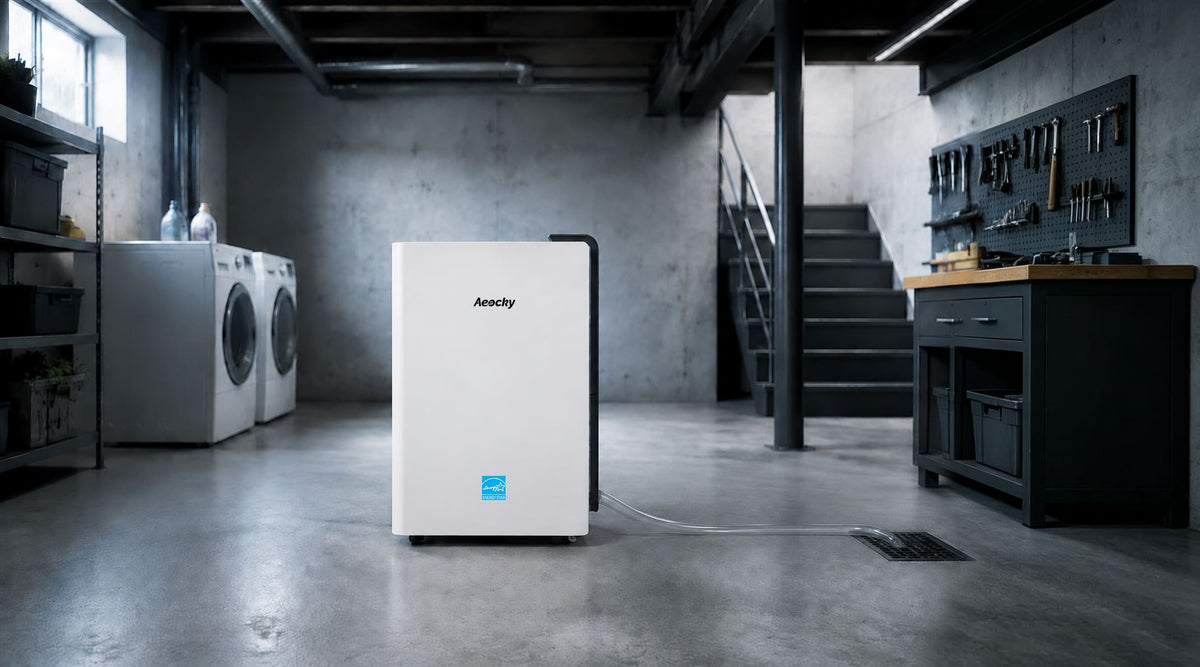 AEOCKY dehumidifier controlling basement moisture