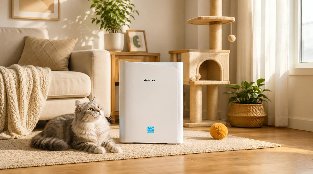 AEOCKY air purifier in a pet-friendly living room